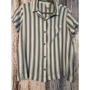 Womens Blue Black and White Striped Short Sleeve Button Down Blouse Med